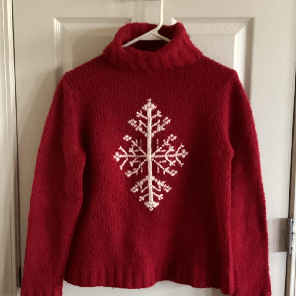 Ann Taylor Red Turtleneck Sweater with Snowflake Pattern